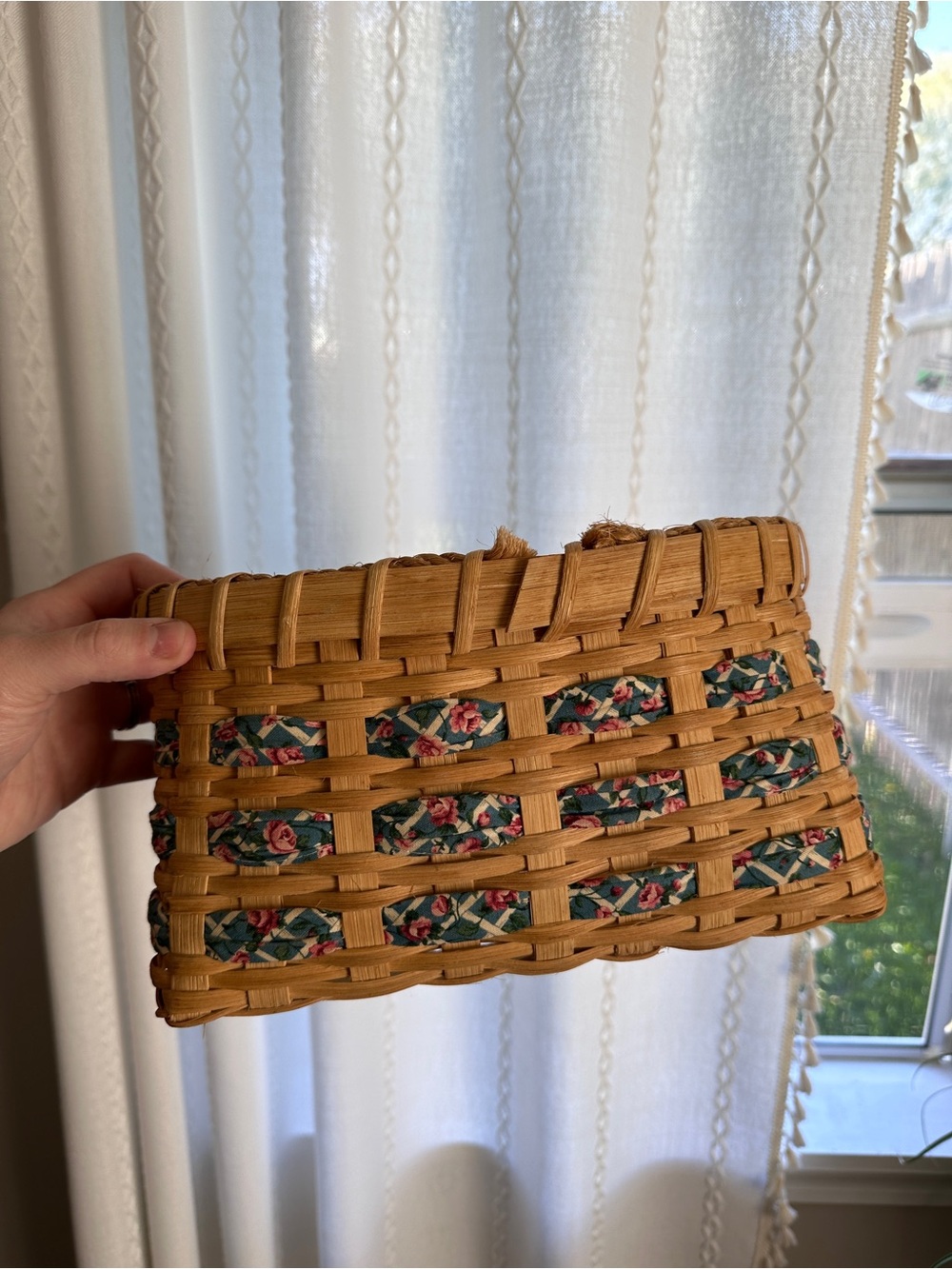 Vintage 1998 Handwoven Reed Basket with Blue Floral Fabric Weave, Artist Signed